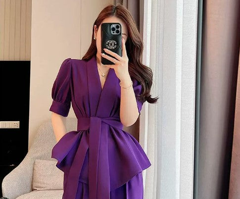 Summer suit women's 2023 new temperament celebrity high-end sense tie-up top women's high waist wide-leg pants two-piece set