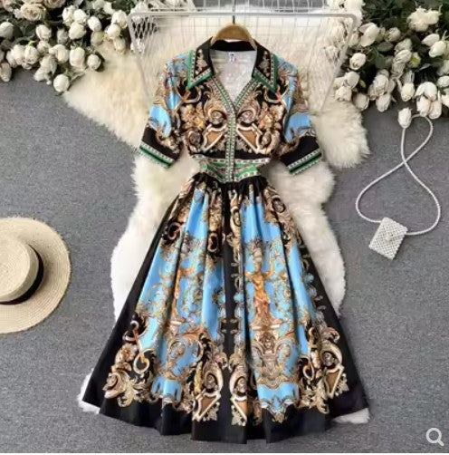 Palace retro printed V-neck dress high-end sense Royal Sister Fan slim fit slim foreign style light luxury large swing A-line skirt