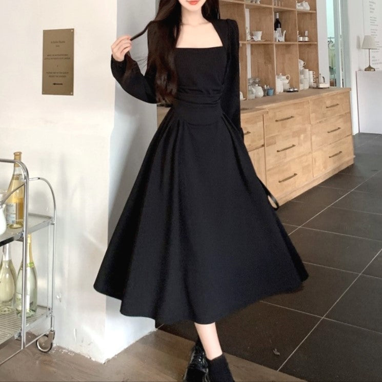 Large size spring and autumn French style cover belly Hepburn style long-sleeved dress fat MM waist slim temperament tea break long skirt