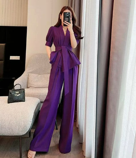 Summer suit women's 2023 new temperament celebrity high-end sense tie-up top women's high waist wide-leg pants two-piece set