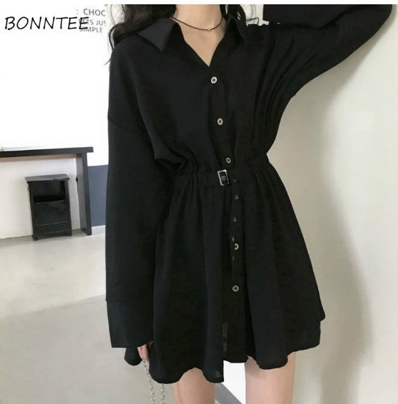 Dress Women Pure Turn-down Collar Button Long Sleeve Collect Waist Elegant Fashion Black Clothing Fall 2020 Hepburn Vestido Chic