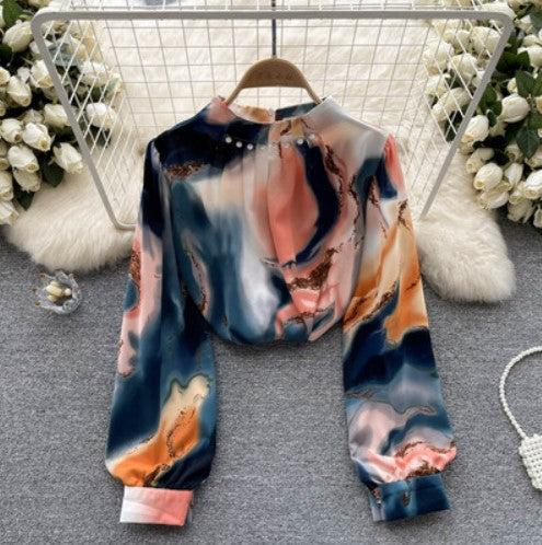 Spring and autumn new European and American fashion western style ins style printed shirt female design sense French chic top tide 举报