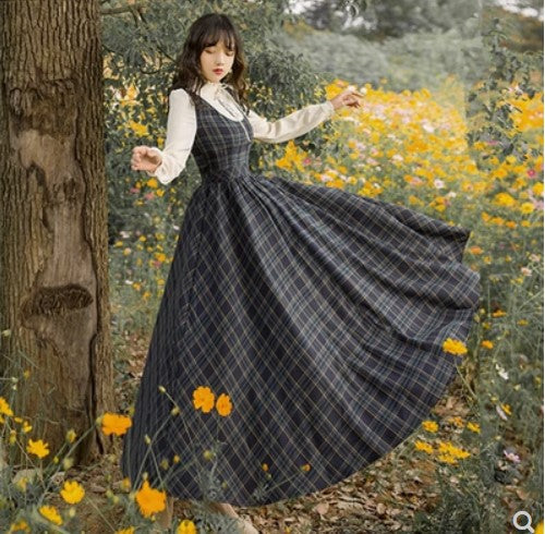 Spring and Autumn New Art Retro College Wind Age-Reducing Plaid False Two-Piece Large Swing Long Skirt Waist Class Uniform Dress Female