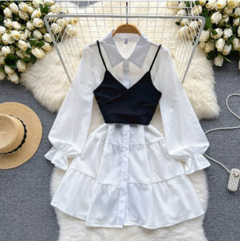 Early spring and autumn new girl one-piece strap camisole female waist long-sleeved shirt dress two-piece suit