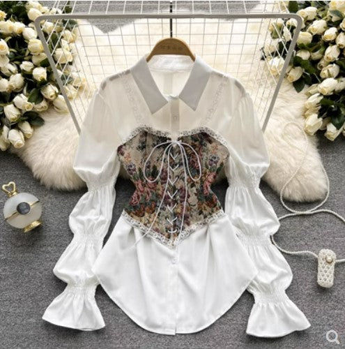 2022 spring and summer new design sense retro pattern bandage outerwear small vest mid-length a-line fluffy shirt skirt