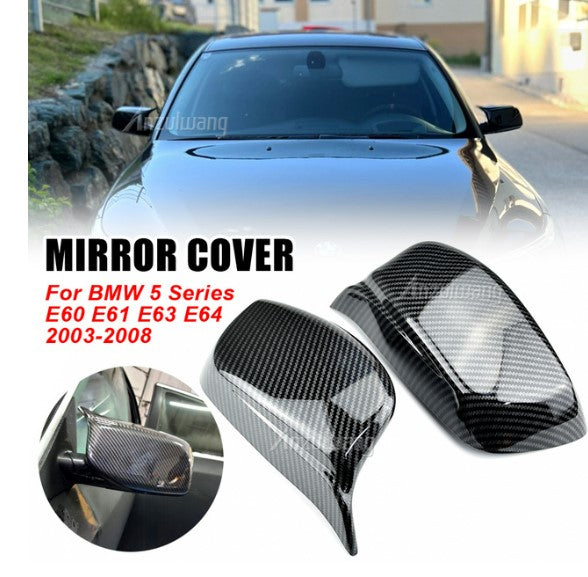 2ps Carbon Fiber Look Black Rearview Side Mirror cover Caps for BMW E60 E61 2003-2008 M Style Replacement