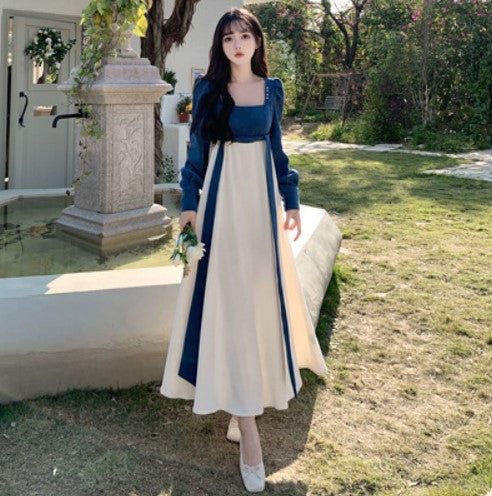 Large size Chinese style national style retro temperament long-sleeved dress women's spring waist slimming pear-shaped figure a-line long skirt