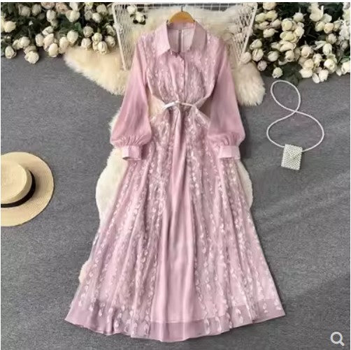 Spring and autumn chiffon splicing mesh dress women's waist puff sleeve lapel embroidery large swing A-line fairy dress