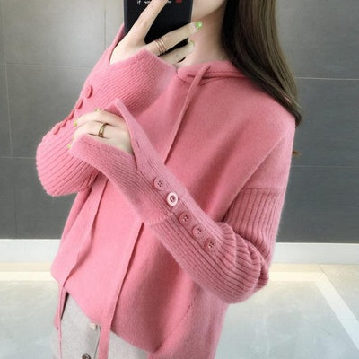 2020 autumn and winter new hooded jacket women loose and wild short knit pullover long sleeve sweater with sweater women