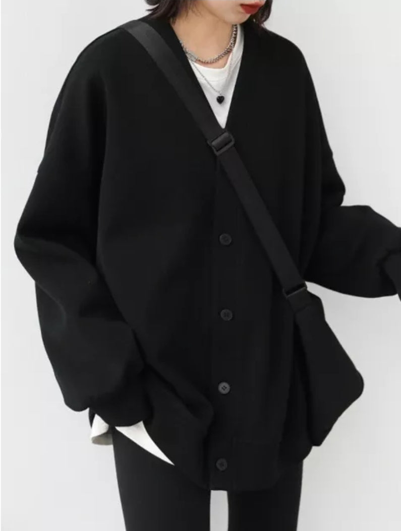 Casual And Versatile Loose V-neck Medium Length Cardigan Coat  Folding Top