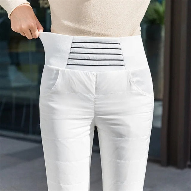 Slim High Waist White Duck Down Pants Women 2022 Winter Warm Cotton Trousers Striped Thick Ultra Light Snow Pant Pencil Leggings