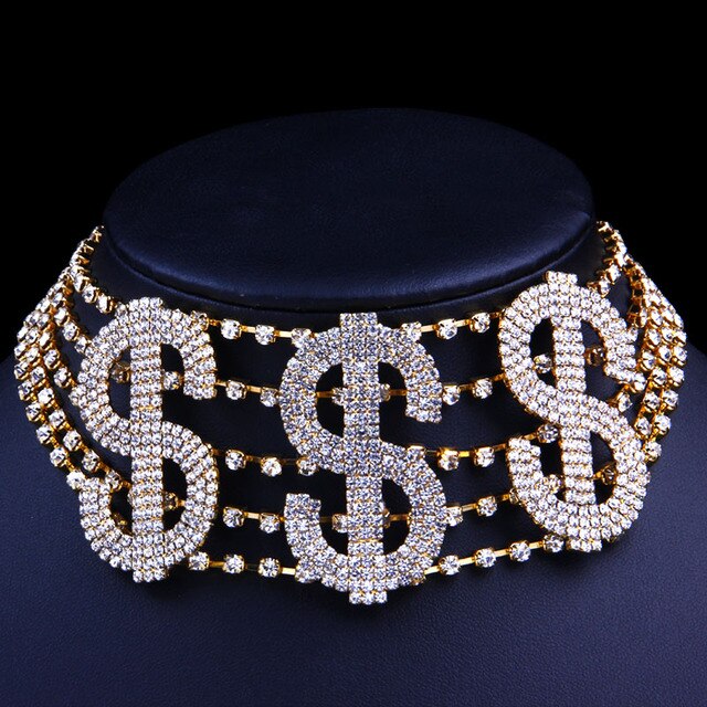 Stonefans Big Money Dollar Rhinestone Necklace Statement Choker for Women Fashion Crystal Collar Necklace Chain Party Jewelry