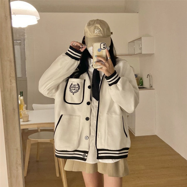Student Girl Coat Baseball Jacket Girlfriends Spring Korean Loose Cotton Small American Versatile White Long Sleeved Cardigan