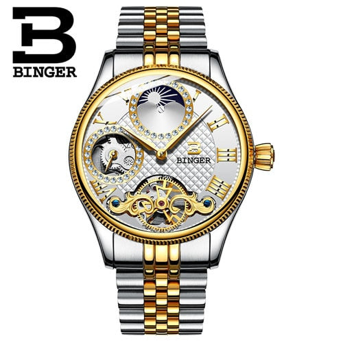 Switzerland Mechanical Men's Watches Binger Luxury Brand Skeleton Wristwatch Waterproof Men sapphire Male reloj hombre B1175G-3