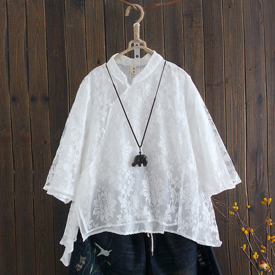 CL2 Nanqi Qijia Chinese style retro literary slanted top lace double three-quarter sleeve tea clothes small shirt