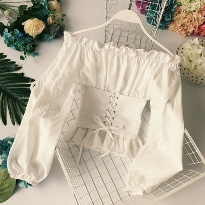 European and American style fashion sexy one-word collar strapless tube top fungus long-sleeved corset belt waist top shirt women