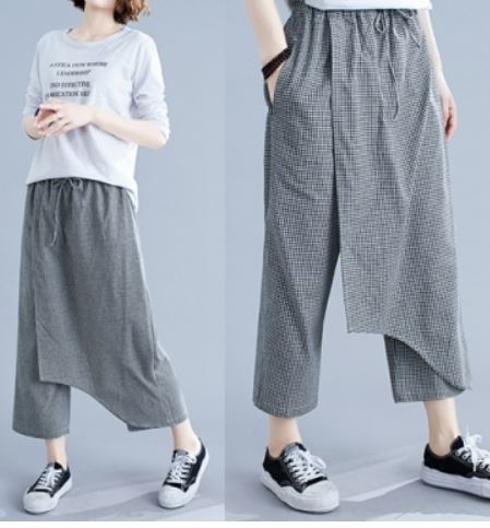 2021 New Summer Cotton Linen Casual Pants Women's Plaid Carrot Pants Large Size Loose All-match Thin and Elastic Waist Women's Pants