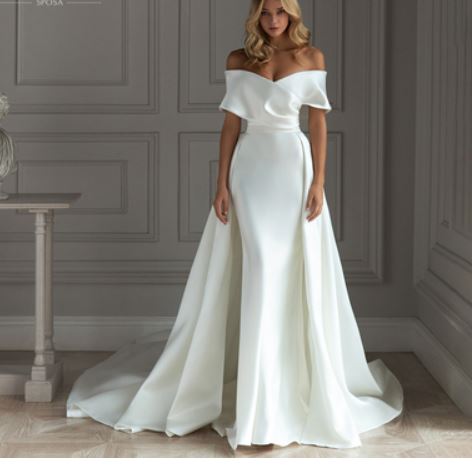 White satin wedding dress 2021 new summer one-shoulder slim slimming tail dress bride noble
