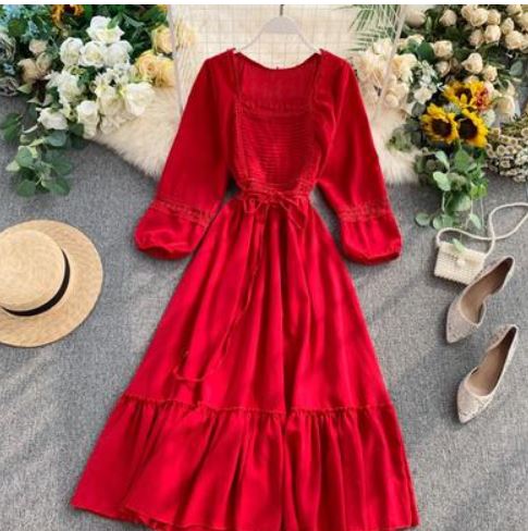 National style red dress, retro square collar, long-sleeved lace, waistband, lotus leaf, large swing, vacation long skirt, women