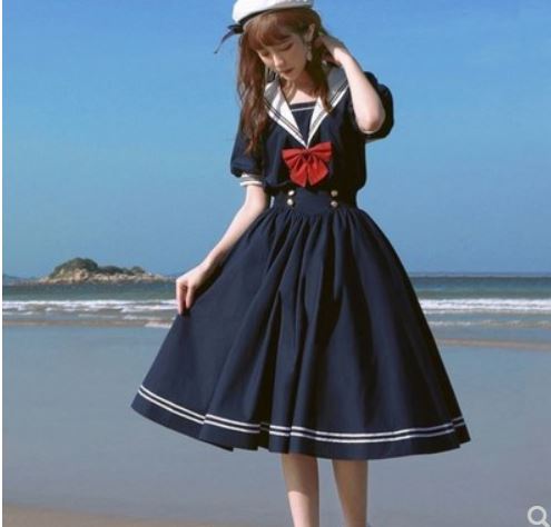 Korean color matching college style dress female summer new style student wild loose navy collar fairy a-line skirt