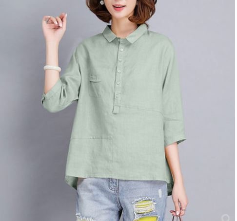 Cotton and linen half-sleeved blouse women 2020 summer new style loose lapel temperament western style mid-sleeved t-shirt women linen shirt