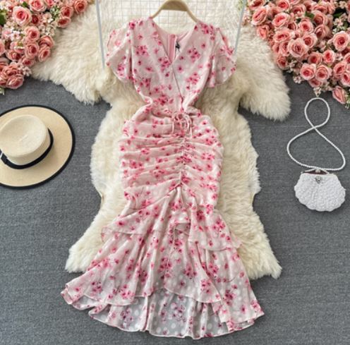 Summer French retro gentle wind ruffled V-neck fishtail bag hip chiffon floral dress fashion dress skirt