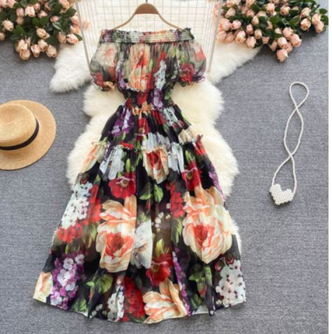 Flower series elegant chiffon dress summer new style shoulder puff sleeve slim mid-length holiday skirt