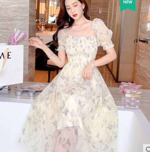 Ink painting high-end princess dress female 2021 summer new French super fairy floral over-the-knee chiffon A-line dress