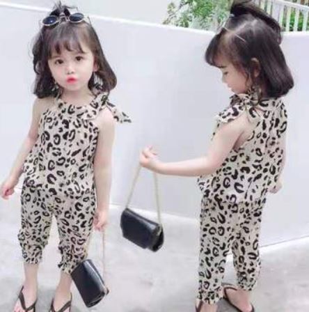 Girls hot-selling summer sling leopard suit thin chiffon small and medium-sized virgin baby new trousers two-piece suit