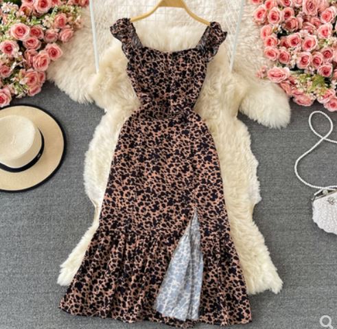 Leopard print dress sleeveless 2021 summer new style square neck halter waist slimming split French suspender skirt