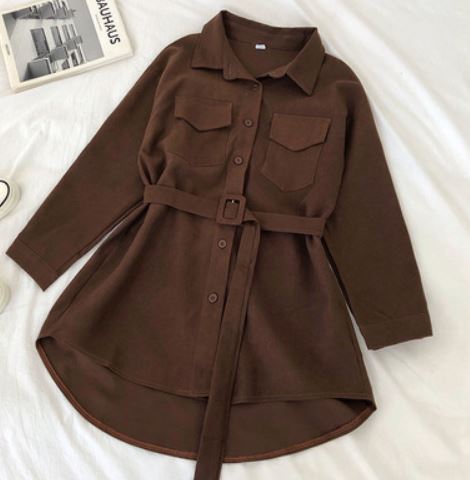 Single-breasted POLO collar dress female 2019 winter dress Korean chic corduroy loose mid-length skirt trendy with belt