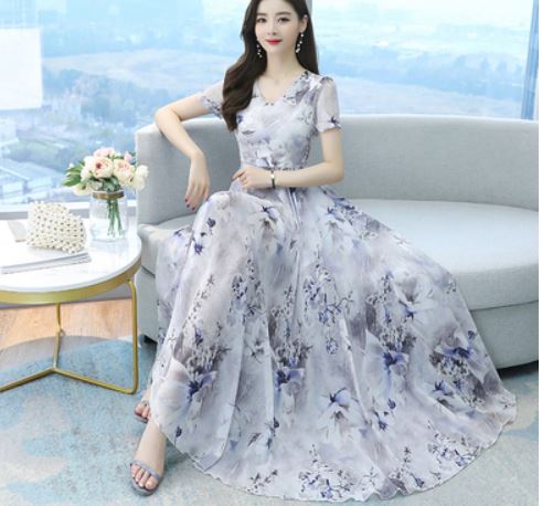 Chiffon dress goddess Fan Xia explosion models plus size women's fat mm temperament slim skirt French dress to ankle