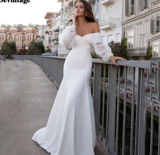 Sevintage Mermaid Wedding Dresses Elegant Off The Shoulder Puff Sleeve A line Bride Wedding Gowns 2021 robe mariage