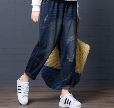 Fat sister spring plus size jeans women 2020 new high waist stretch loose slimming Harlan nine-point pants