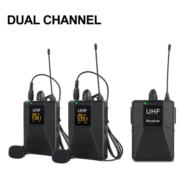 UHF Dual Channel Wireless Lavalier Microphone Lapel Mic for SLR 65m Range DSLR Camera Interview Live Recording