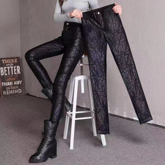 Winter Warm Women Pants Female PU Leather Velvet Trousers Elastic Pencil Skinny pants Women's Trousers