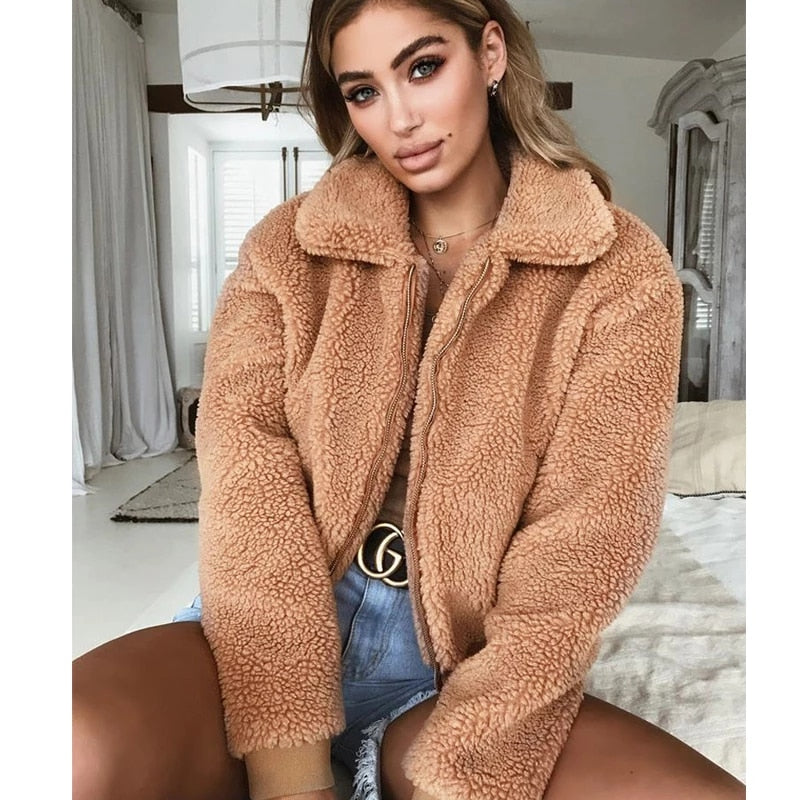 Winter Womens Fleece Jackets Thick Warm Teddy Bear Jacket Coat Crop Tops Zip Up Outwear Oversize Coat With Pockets