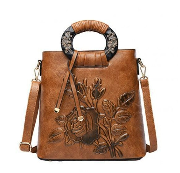 Women Chinese Floral Print Ring Handle Shoulder Bag Faux Leather Handbag Pouch Large Capacity Faux Leather Women Shoulder Bag