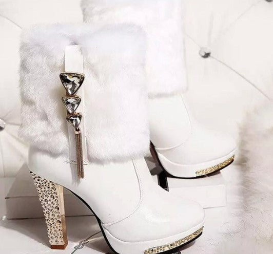 Winter New Women Boots Waterproof Platform High Heel Thick with Women's Boots Rhinestones Decorative Comfortable Boots