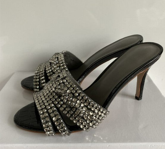 Rhinestone Sandals Women Crystal Diamond Square Heel Shoes Woman Sexy Stone Grain Real Leather Runway Mules Lady