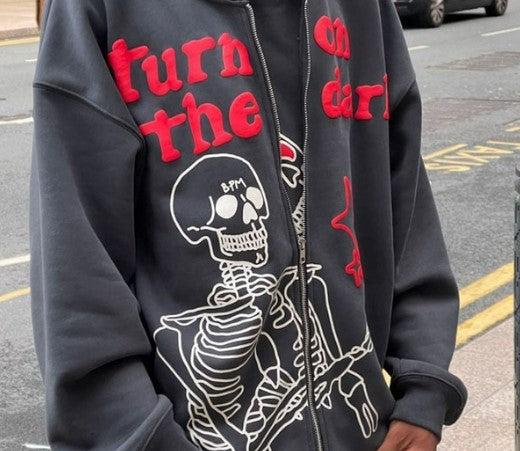 Y2K Men Hoodies Autumn Retro Skeleton Print Zipper Oversized Sweatshirt Streetwear Harajuku High Street Long Sleeve Loose Jacket