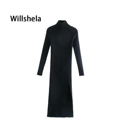 Willshela Dress Women Long Sleeves High-Neck Elastic Midi Dress Fashion Elegant Chic Lady Knit Sweater Dresses Women robe femme