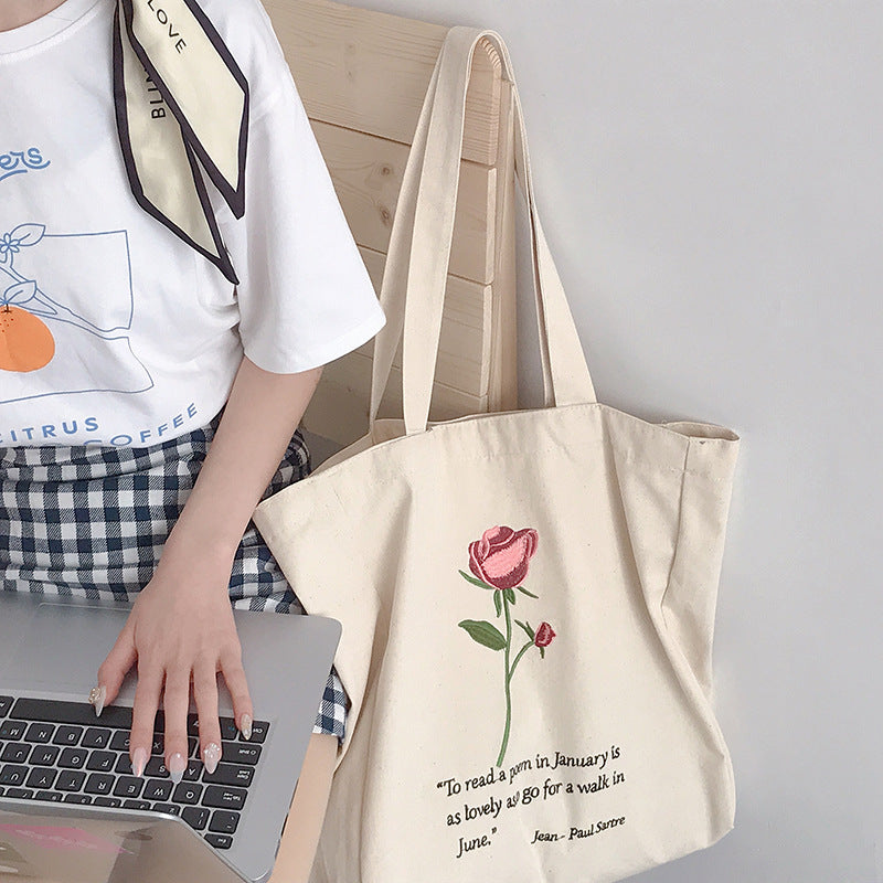 Literary Fan Rose Embroidered Casual Canvas Bag