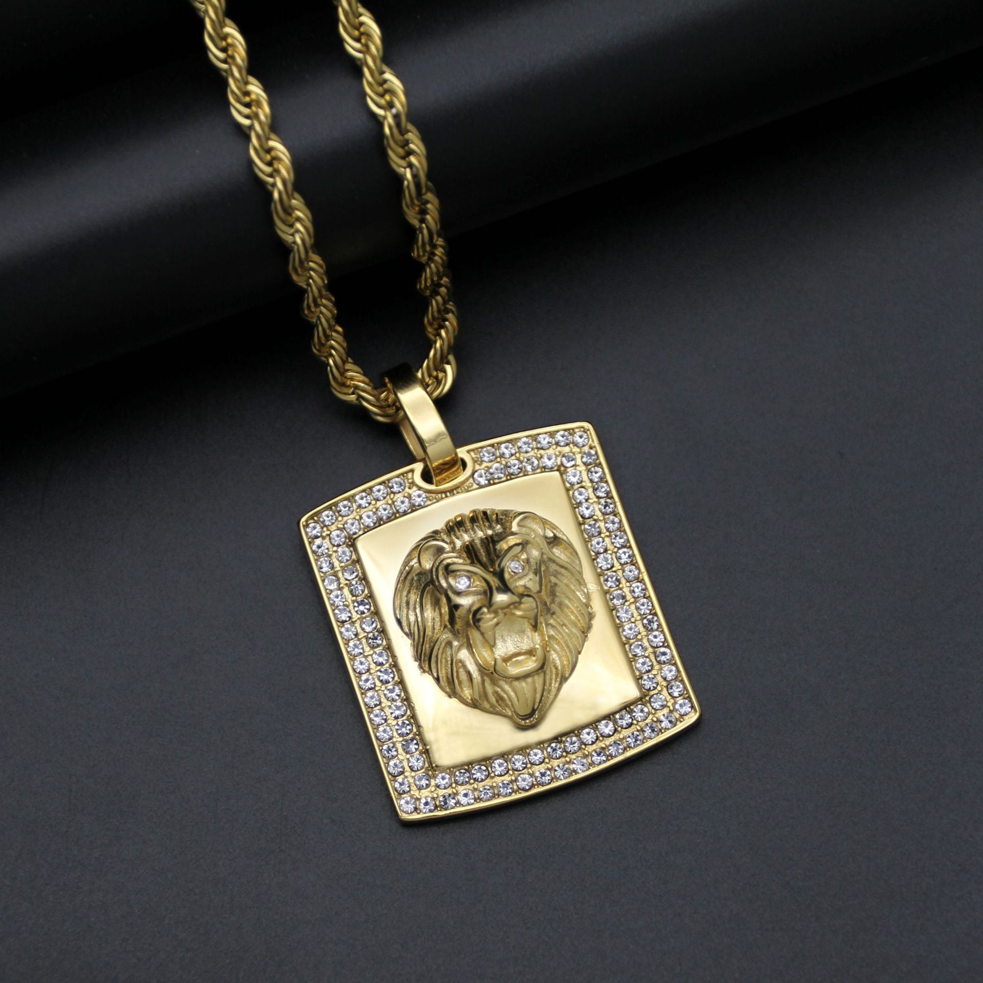 Stainless Steel Gold-plated Square Lion Head Pendant