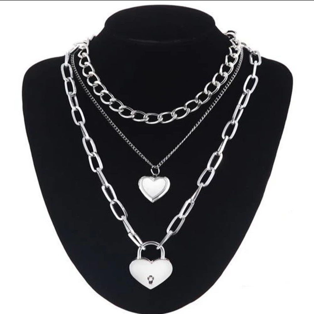 Punk Hip-hop Multi-layer Metal Chain Can  Peach Heart Lock Necklace Sweater Chain