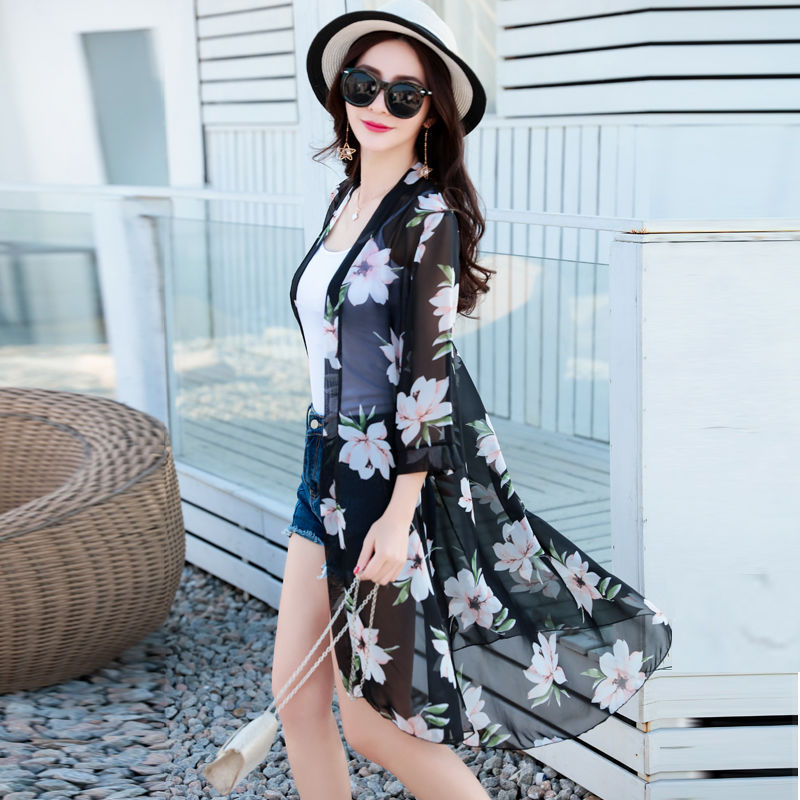 Chiffon Cardigan Printed Large Size All-match Ice Silk Shawl Thin Jacket