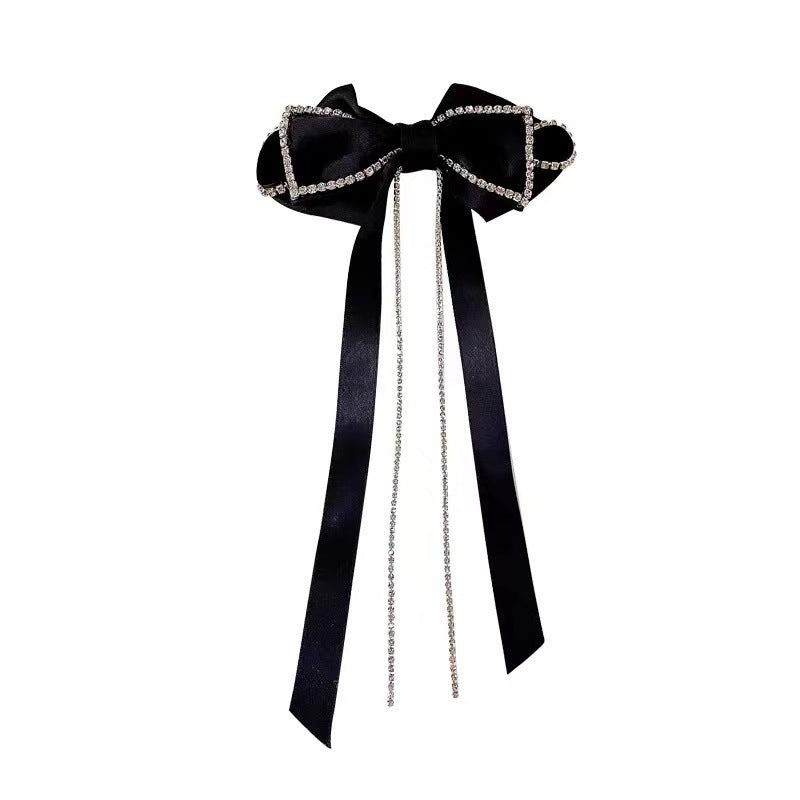 Bow Rhinestone Headband Tassel Hair Clip Black