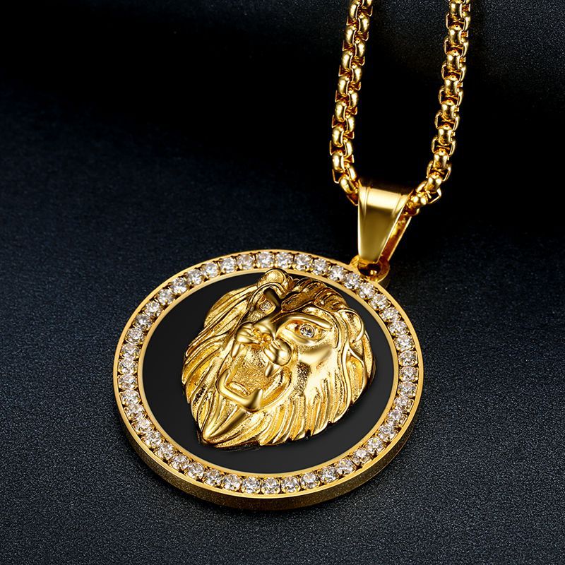 Titanium-steel Gold-plated Micro-inlaid Zircon Lion Head Pendant Necklace