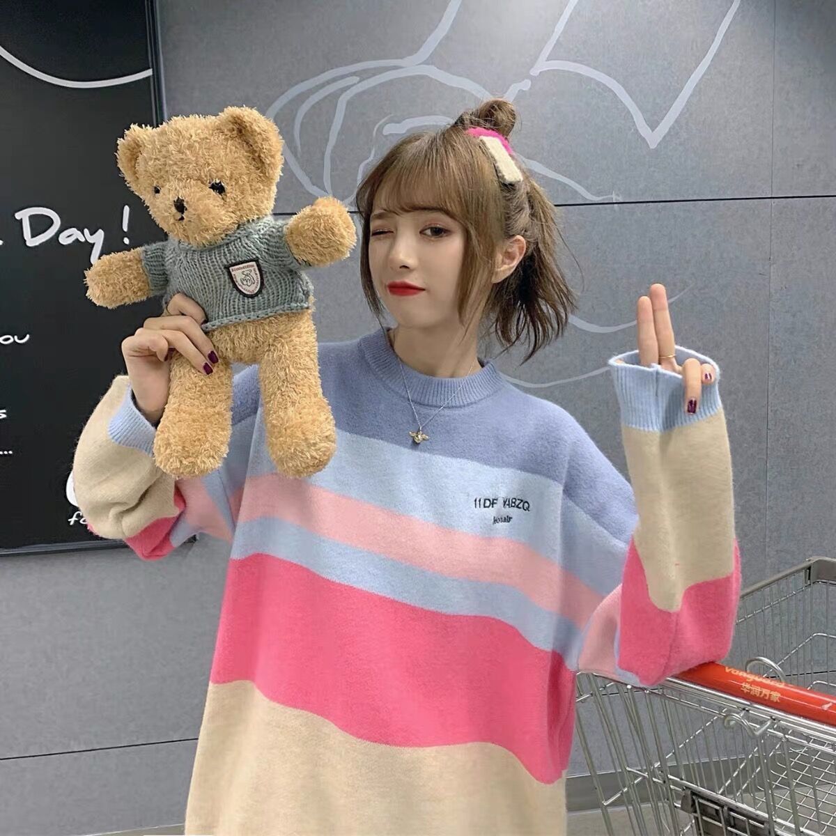 Cute Bear Rainbow Striped Loose Sweater