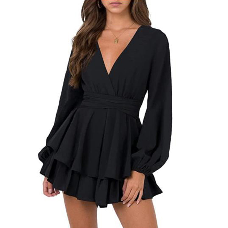 Women's Solid V-Neck Long Sleeve Belt Ruffle Hem Dress